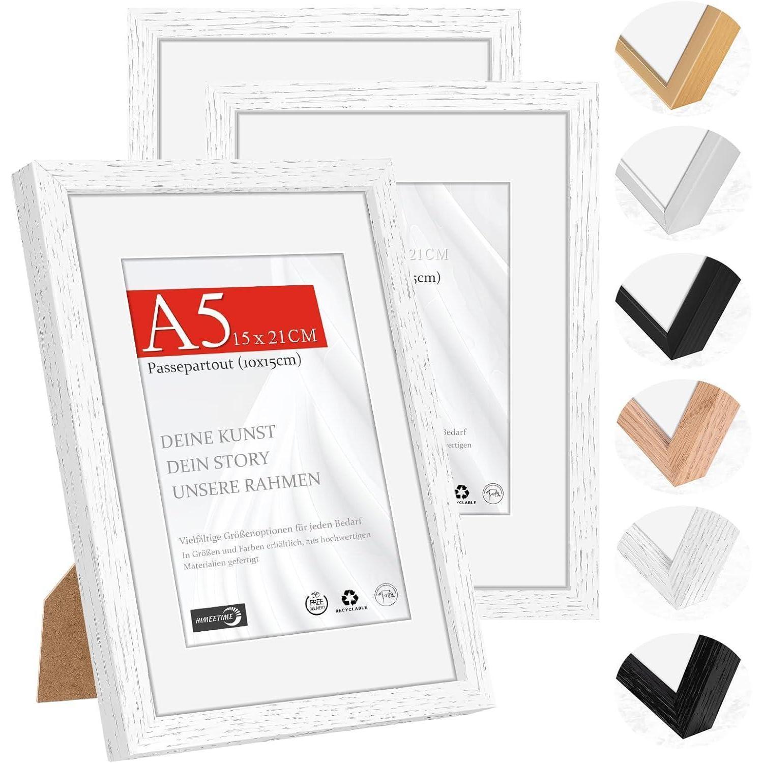 Bilderrahmen A5 (14,8x21cm) Naturholz Weiß, 3er Set, Tischaufsteller & Wandmontage