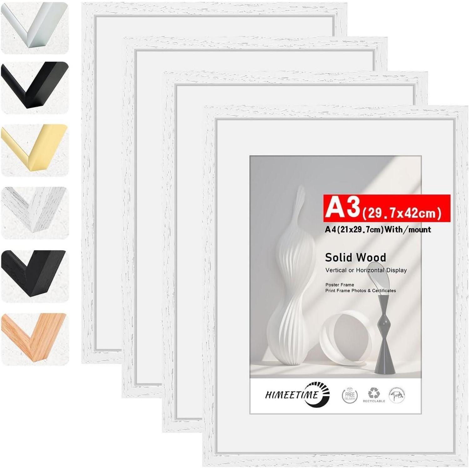 4x Bilderrahmen A3 (29,7x42cm) Weiss Massivholz Mit Passepartout Für A4