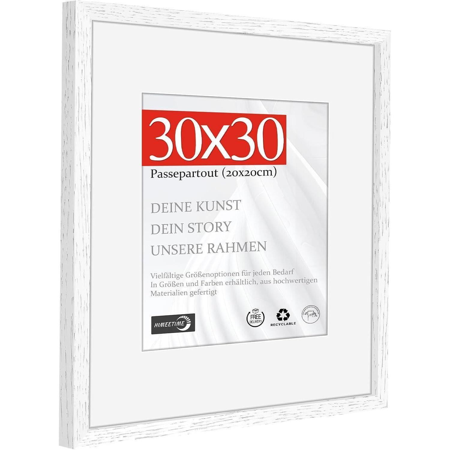 Bilderrahmen 30x30 Cm Natur Holz Weiß Mit Passepartout Für 20x20 Cm, Wandmontage