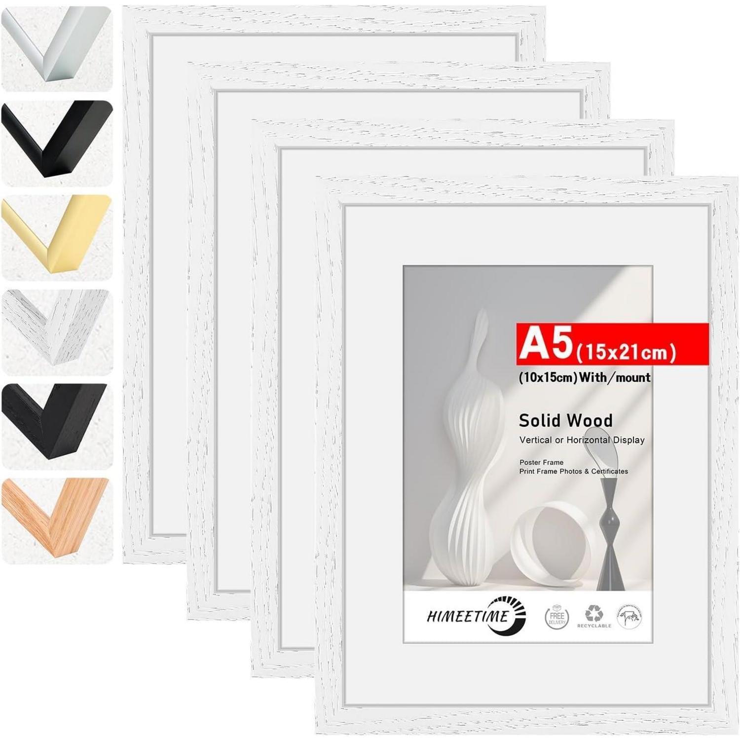 4x Bilderrahmen Din A5 Weiß Massivholz Mit Passepartout 10x15cm