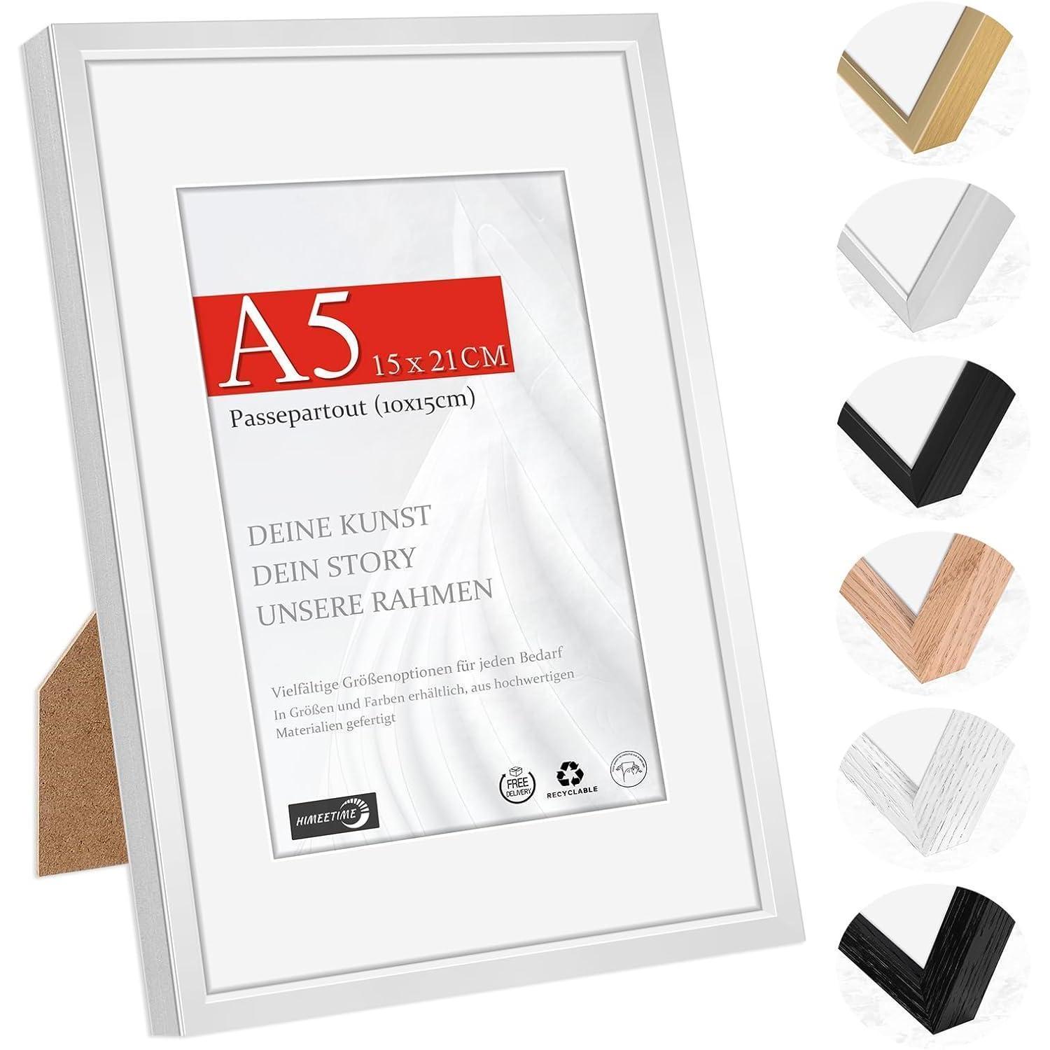 Bilderrahmen A5 (14,8x21cm) Aluminium Silber Mit Passepartout (10x15cm) Bruchsicherem Kunstglas Wand/tisch