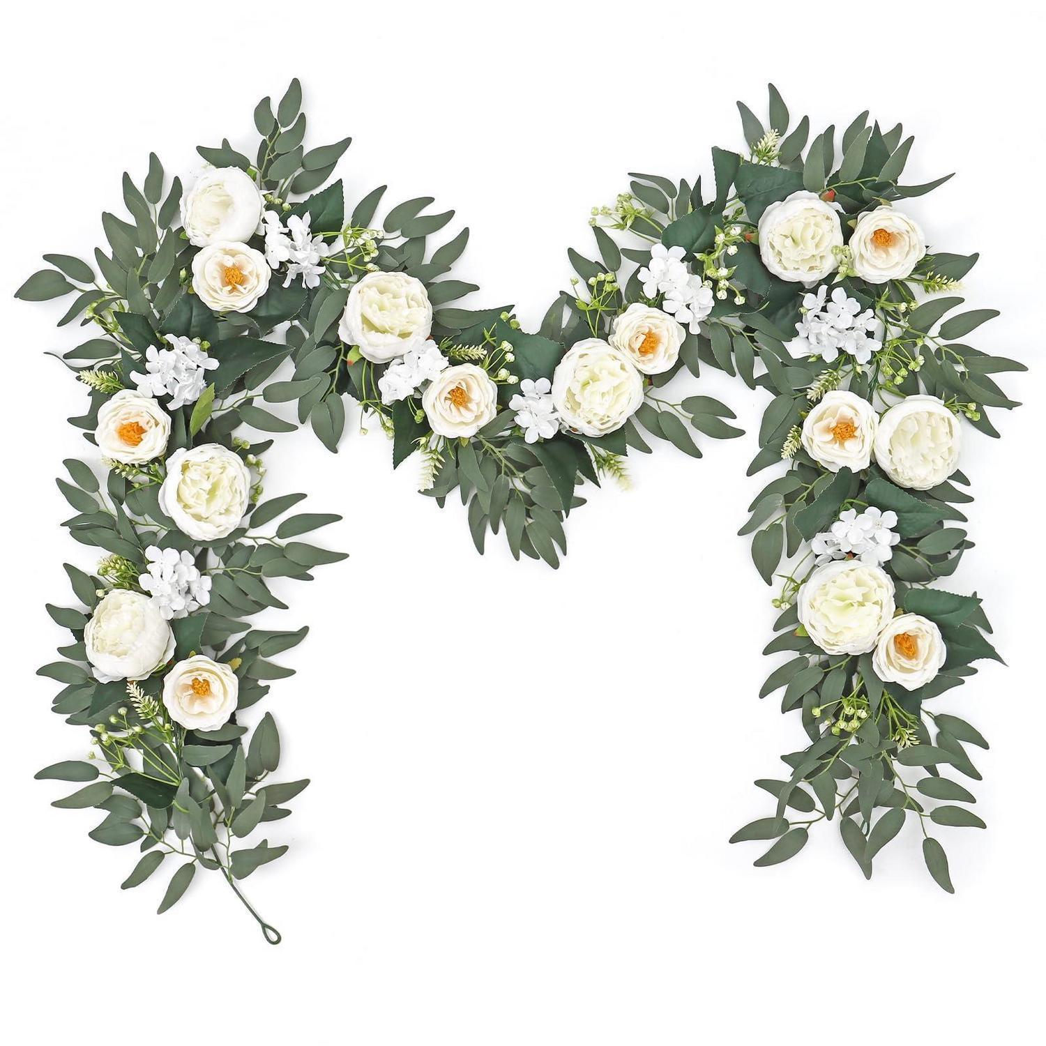 Künstliche Blumen Girlande Eukalyptus Mit Pfingstrosen, 2 Stück, 200cm, Weiß