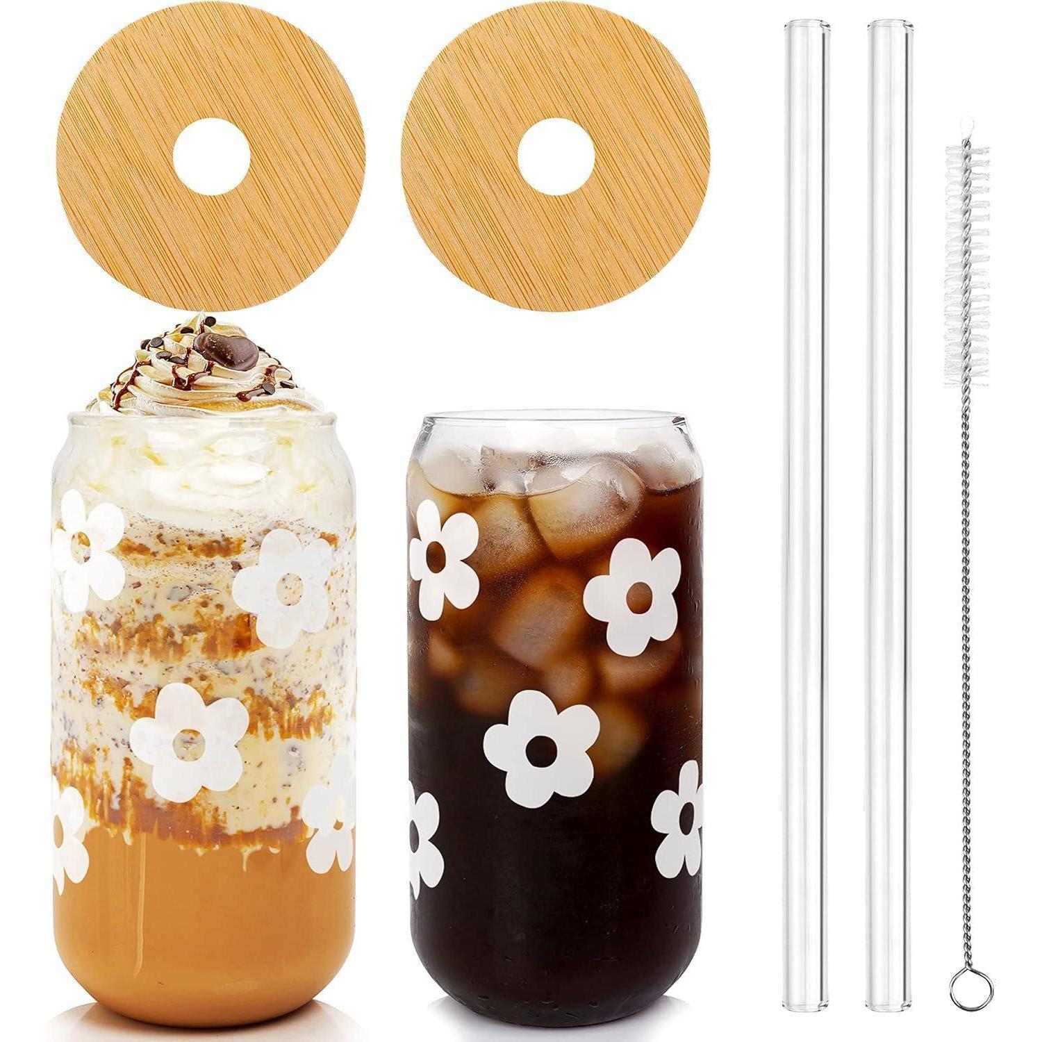Glasbecher Mit Deckel Und Strohhalm, 2er Set, 450ml, Blumenmuster