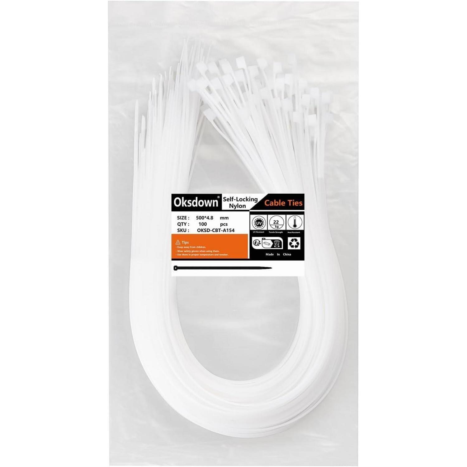 100 Stück Weiße Kabelbinder 500mm X 4,8mm Uv-beständig 22kg Zugfestigkeit Nylon