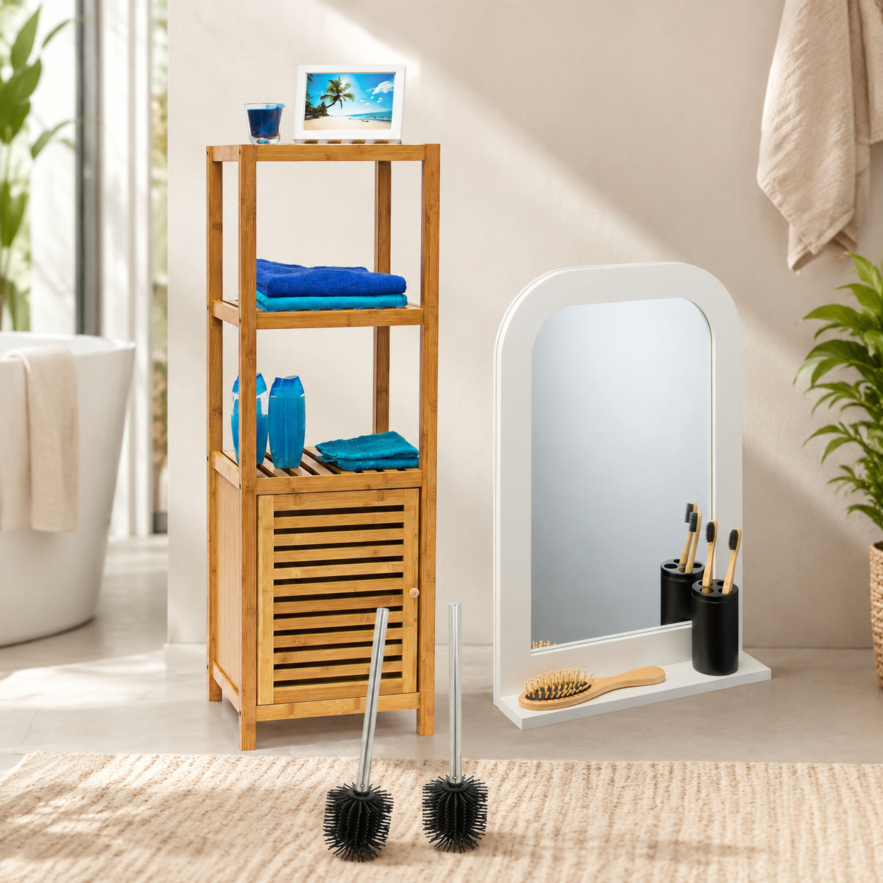 Vintage Badezimmer-wandset (3-teilig) - Silikon-wc-bürste, Spiegelablage & Hohes Bambusregal