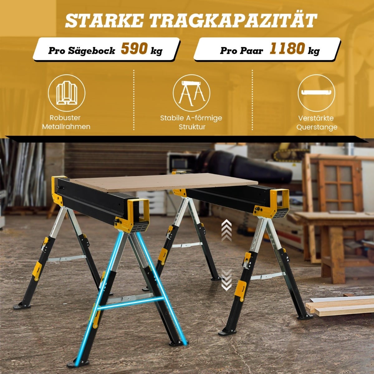 Verstellbares Sägebockpaar, Tragkraft 1180 Kg, Klappbar