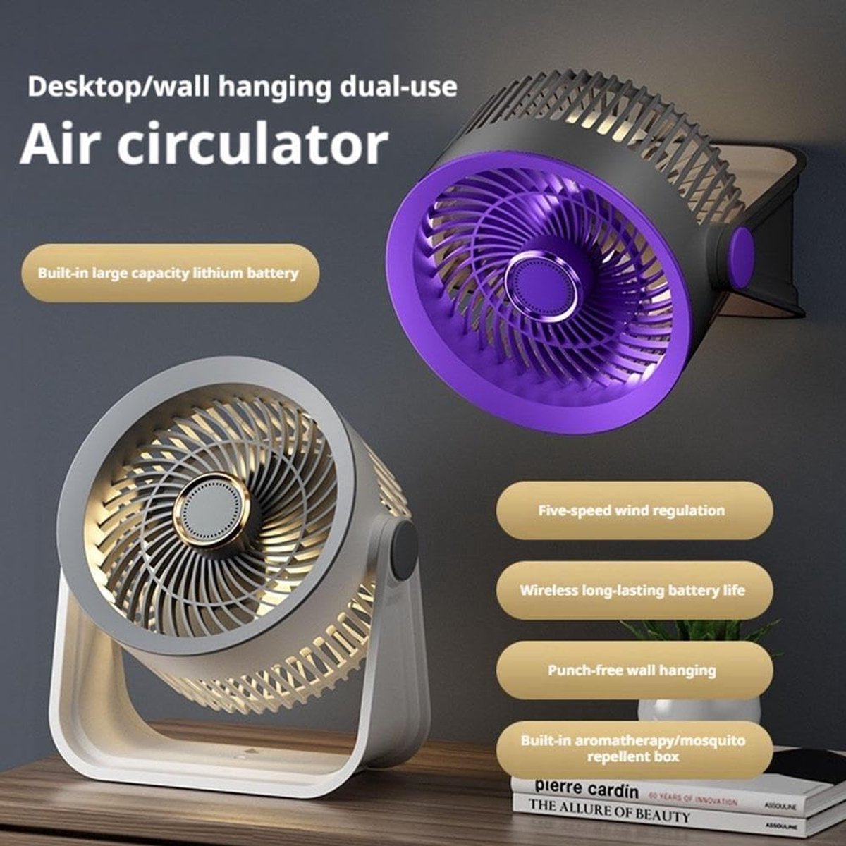 Mini-tischventilator Mit Luftzirkulation – Tragbar & Wandmontiert – Leise Und Leistungsstark – Mit Led – Lila-grau – 5 Geschwindigkeitsstufen – Licht, Aromatherapie, Neigbar – Usb