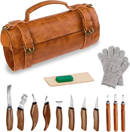 Holzschnitzset，8 Holzschnitzmesser，3 Präzisionsmesser，schnittfeste Handschuhe，polierpaste Und Ledertasche