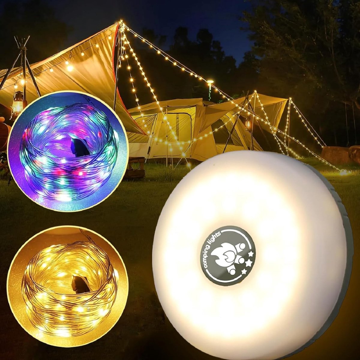 2-in-1 Wiederaufladbare Led Camping Lichterkette 10m, Wasserdichte Außenlampe Mit Warmem & Buntem Licht, Zelt-dekorationsbeleuchtung