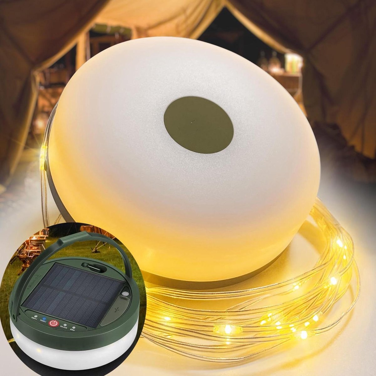 Wasserdichte, Tragbare Und Einziehbare Solar-lichterkette Für Den Außenbereich – 3-in-1-camping-lichterkette Mit 8 Leuchtmodi (12 M) – Solar-/usb-aufladbare Zeltlampe Für Den Außenbereich