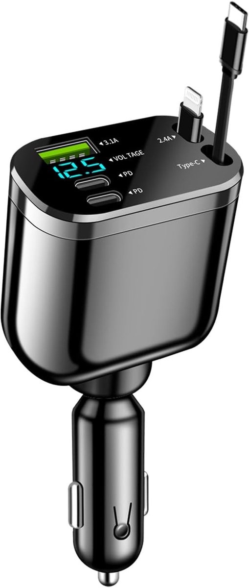 82-w-5-in-1-autoladegerät Mit Einziehbarem Usb-c-kabel, Schnellladefunktion, Geeignet Für Iphone 16 Pro Max/16 Pro/16, Universelles Autozubehör, Kompatibel Mit Samsung, Tablets, Gps-geräten, Ideal Für