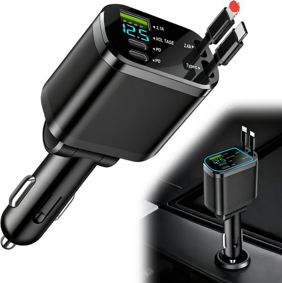 5-in-1-autoladegerät，75-w-schnellladegerät，usb-c-zigarettenanzünderadapter，3 Anschlüsse (1x Usb + 2x Usb-c)，2 Einziehbare Kabel (pd + Usb-c)