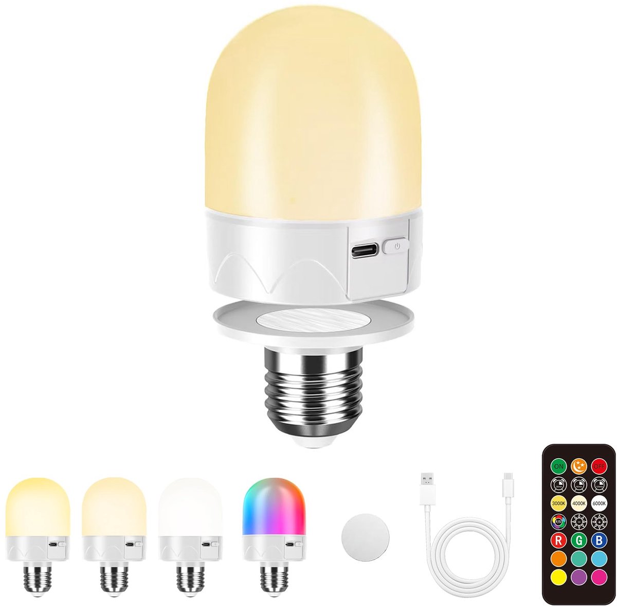 Usb-wiederaufladbare Glühbirne Mit Fernbedienung, E27-batteriefassung, Wiederaufladbare Rgb-farbwechsellampe, 12 Farbtemperaturen, Dimmbar, 3 Timer, Kabelloses Nachtlicht, 800 Lm, 1 Stück