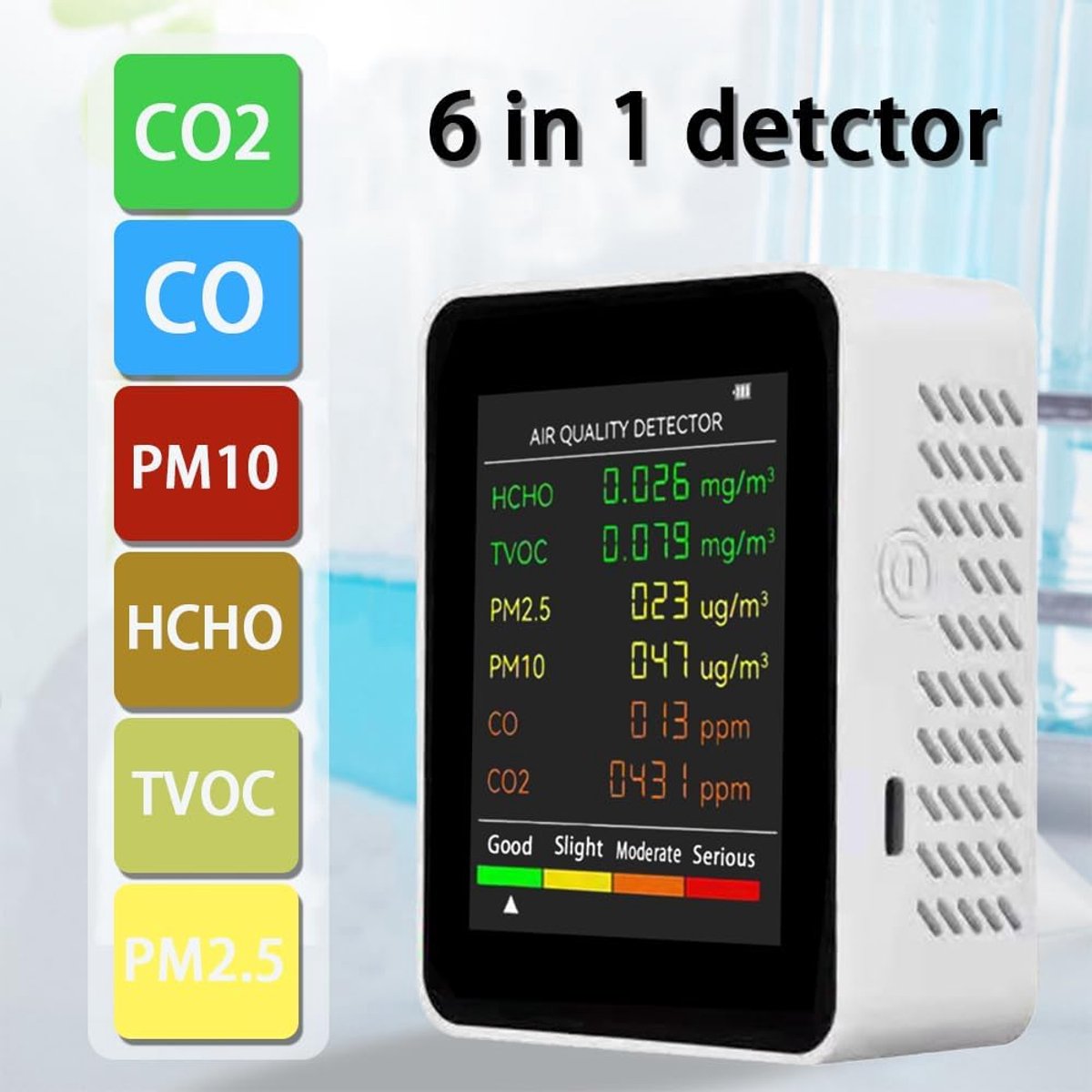 6-in-1-luftqualitätsmessgerät – Misst Pm2,5, Pm10, Co₂, Co, Formaldehyd (hcho) Und Tvoc – Großes Lcd-display, Tragbar Für Zuhause Und Büro