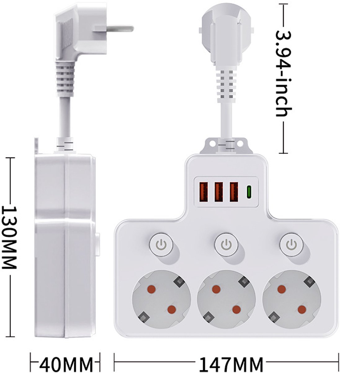 1-zu-3-steckdosenadapter, Mehrfachsteckdose Mit Usb-typ-c-anschluss, Multifunktionssteckdose, Verlängerungskabel, Mit Schalter, Mit Usb-anschluss, Netzstecker, 1 Stück, Ausführung 1