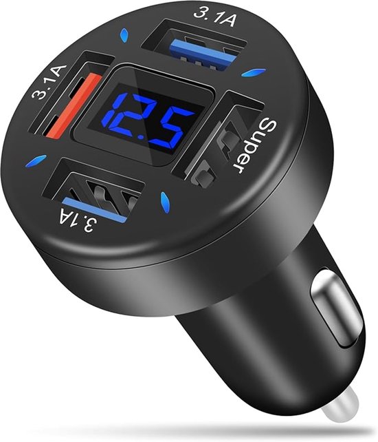 4-port-usb-kfz-ladegerät Mit Digitaler Spannungsanzeige，qc3.0-schnellladefunktion + 3 X 3,1-a-anschlüsse，geeignet Für Iphone