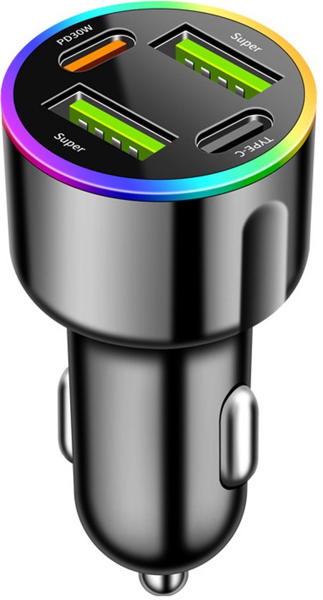 4-port 60w Superschnell-autoladegerät，2x Super Usb-a + 2x Pd30w Typ-c，regenbogen-rgb-umgebungsbeleuchtung，geeignet Für Iphone