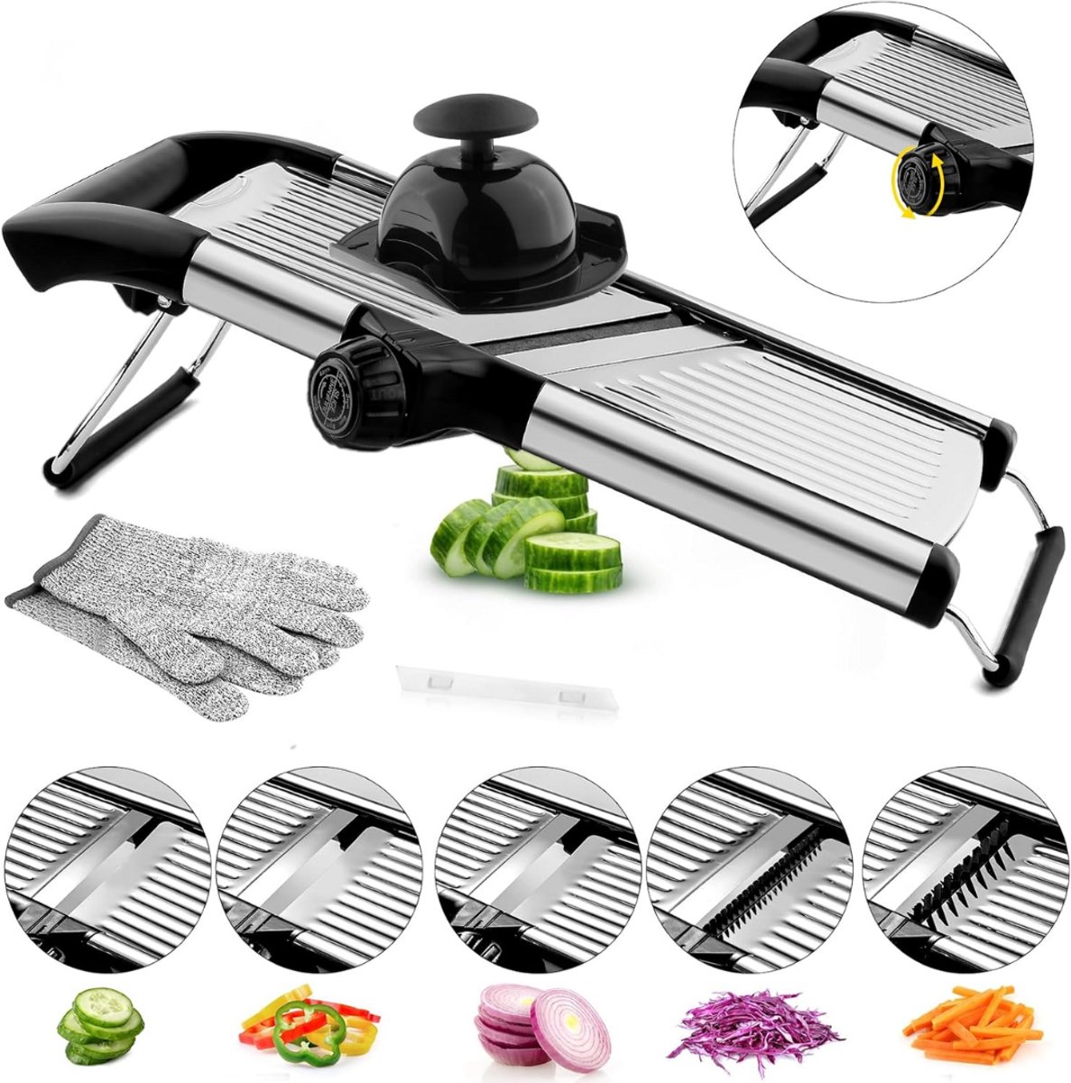 Gemüseschneider – Mandoline – Zwiebelschneider – Küchenschneider – Würfelschneider – Multifunktional – Edelstahl – Inkl. Handschuhe, Reinigungsbürste Und Griff