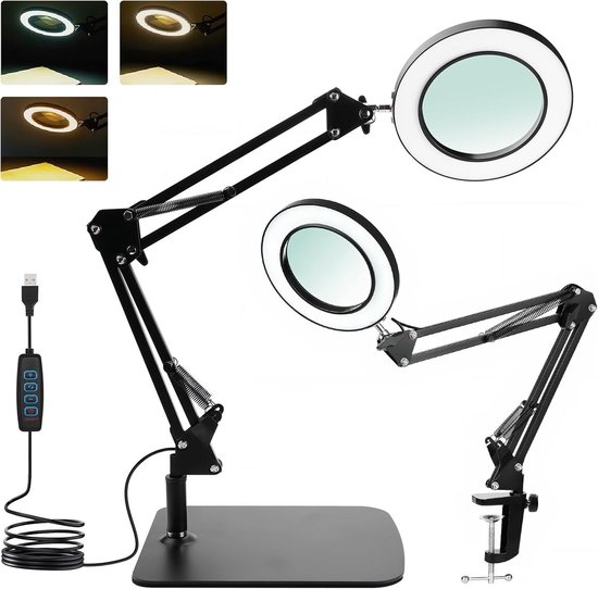 Vergrößerungsglas Mit Licht – Led-lampe Mit Ständer Und Klemme, 10-fache Vergrößerung, Dimmbar Und 3 Farben Für Bastelarbeiten, Lesen Und Zeichnen