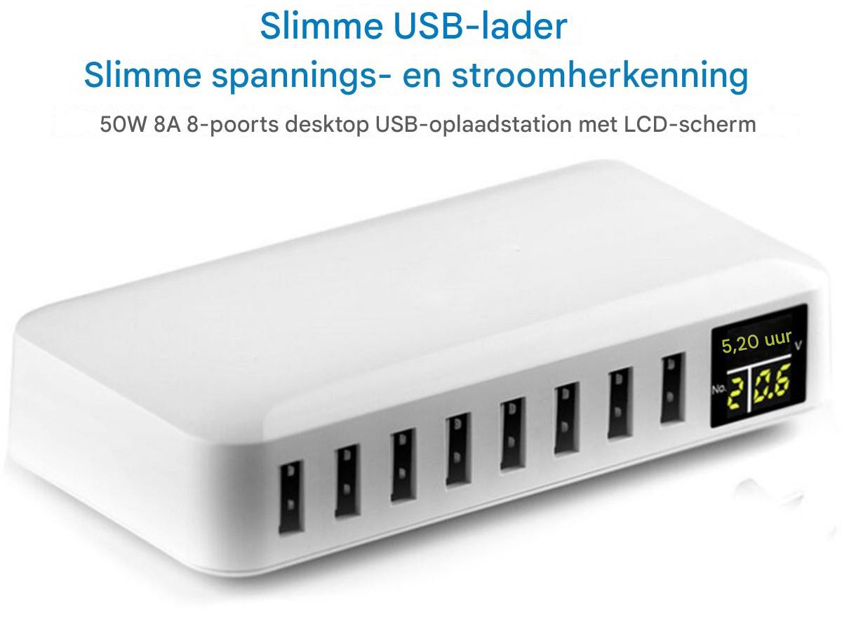 Usb-ladegerät – Intelligentes 8-port-usb-ladegerät – 50 W 8 A Multi-port-usb-hub – Mit Lcd-display – Schnellladefunktion – Wandladegerät – Netzteil – Mit 1,20 M Langem Netzkabel – Eu-stecker