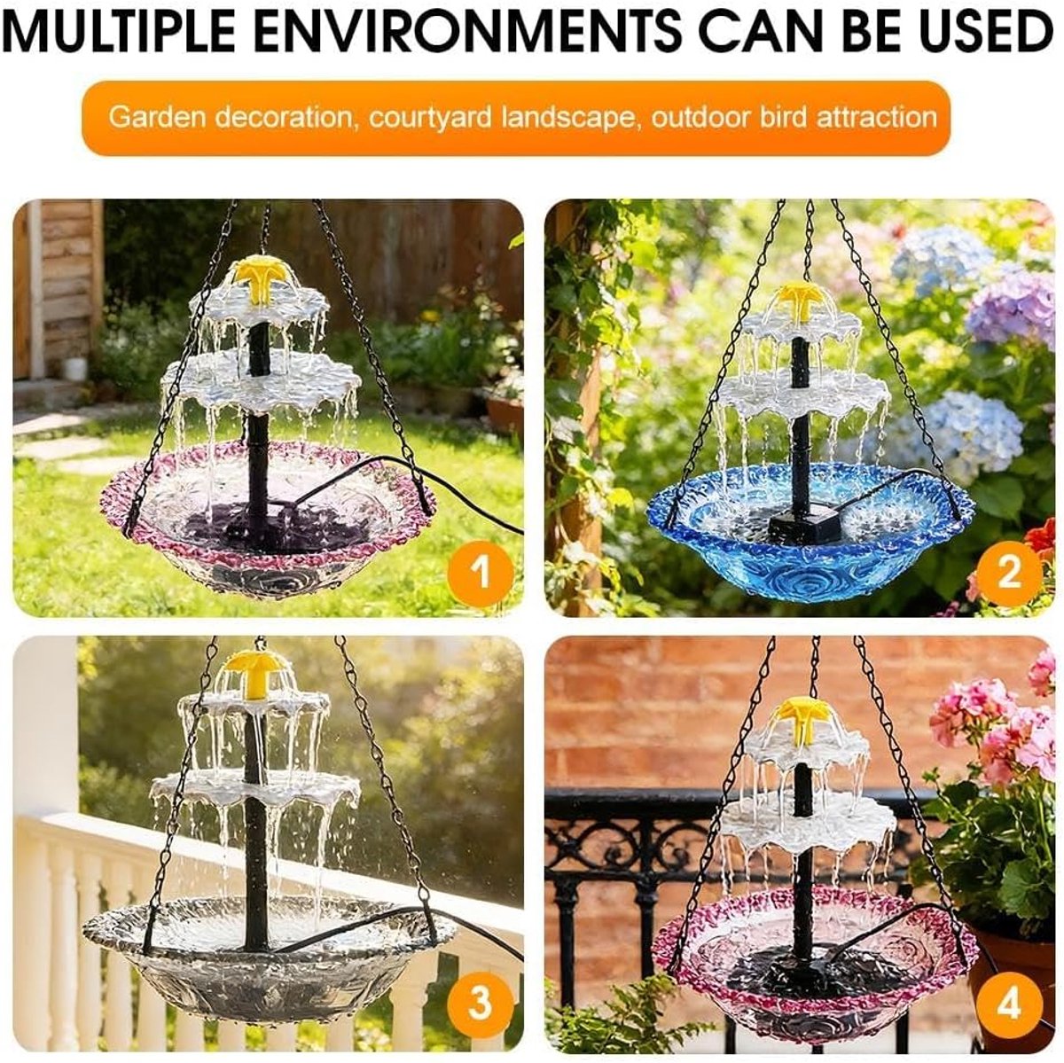 Hängendes, Solarbetriebenes Vogelbad Mit Wasserfall – Gartenbrunnen Mit Zweistufigem Wasserfall – Gartendekoration Für Garten Und Terrasse – Blau – 1 Stück