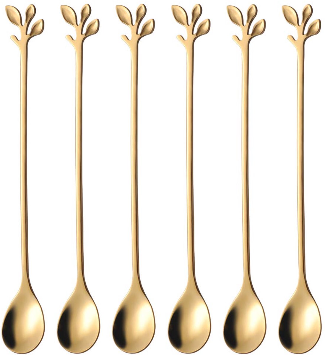 6 Lange, Ovale Löffel – Latte Macchiato – Dessertlöffel-set – 18,6 Cm – Eiscremelöffel – Teelöffel – Blattförmiger Griff – Gold