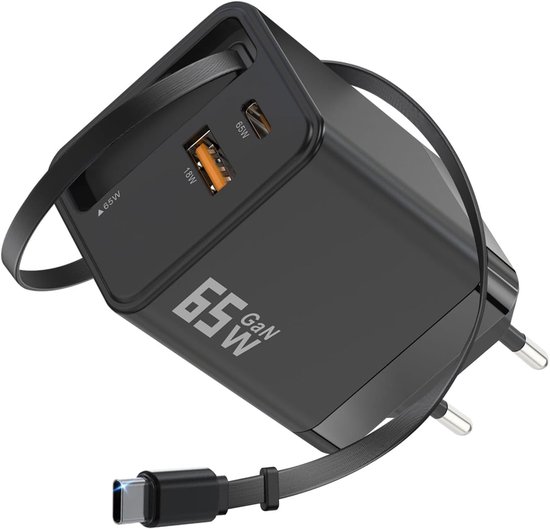 3-in-1 Usb-c-ladegerät, 50 % Kleiner, Spannungsanzeige, 65-w-usb-adapter, Schnellladegerät Mit Einziehbarem Usb-c-kabel (schwarz)