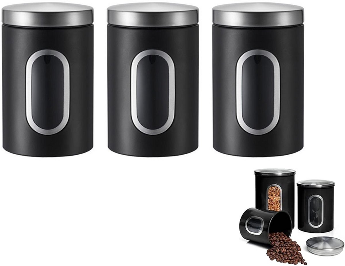 Kaffeeaufbewahrungsbehälter - 3-teilig Schwarz - Vorratsglas Mit Sichtfenster - Kaffeedose - Kaffeedosen - Aufbewahrungsbehälter - Metall - Vorratsglas - Luftdicht - Mit Sichtfenster - Aufbewahrungsdo