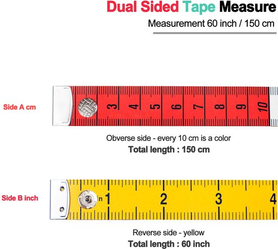 2 Stück Maßband，mit Druckknopfverschluss，nähen Und Schneidern，weiches Lineal Mit Doppelter Skala，150 Cm (60 Zoll)