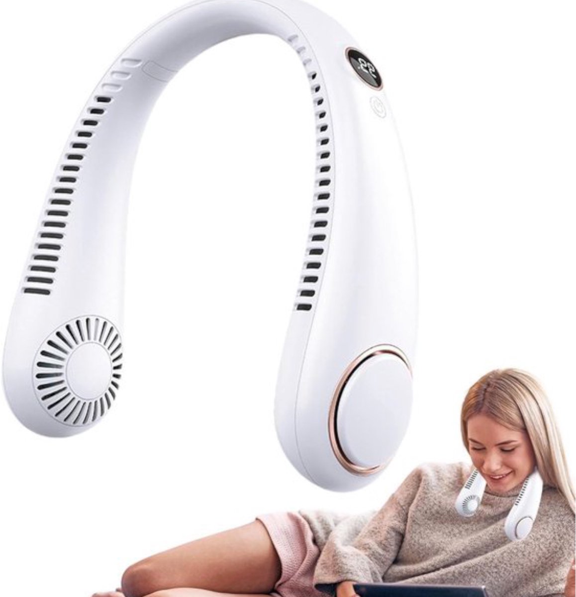 Tragbarer Nackenventilator Ohne Rotorblätter – Weiß – 5 Einstellungen – Mit Display – Wiederaufladbar – Handventilator – Gesichtsventilator – Nackenventilator – Mini-nackenventilator Mit Usb-anschluss