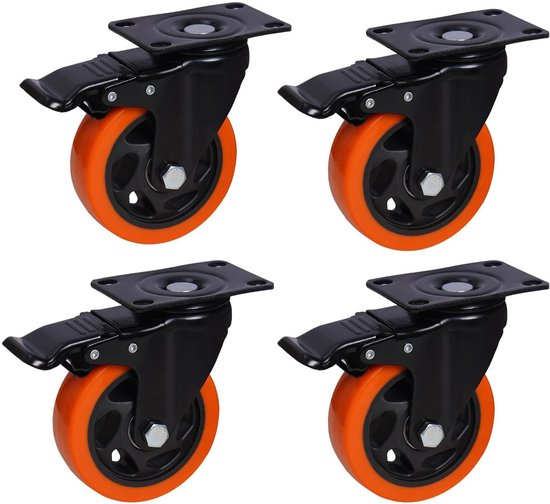 4-teilige Orangefarbene Polyurethan-industrierollen Mit Bremse (10,16 Cm/4") – Tragkraft Bis Zu 997,9 Kg, Geeignet Für Werkstätten