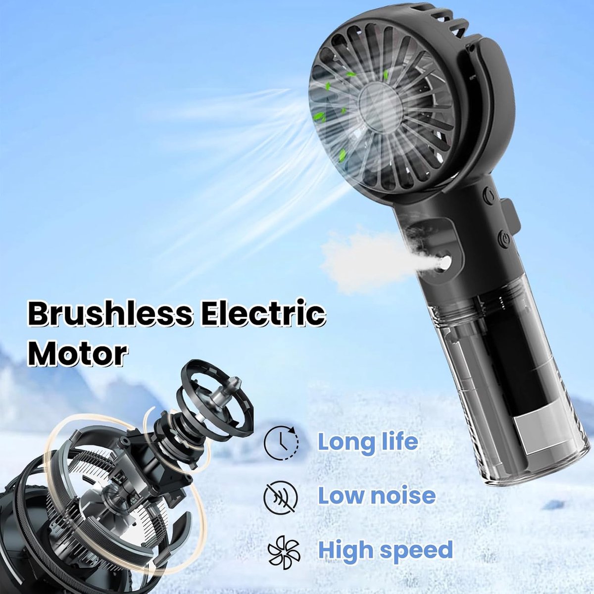 Schwarzer Wiederaufladbarer Wassernebel Handventilator, 1200mah, 4 Einstellungen, Mini Luftkühler Für Zuhause & Studio