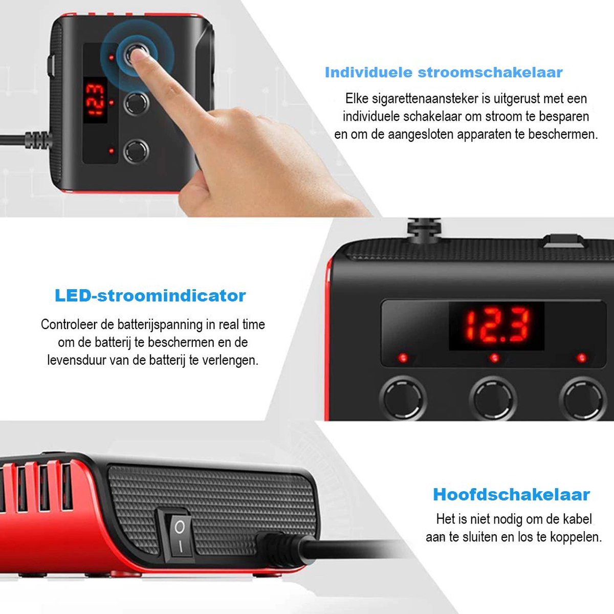 Zigarettenanzünder-splitter + 12v Usb-autoladegerät Mit Schalter Und Voltmeter – 3 Zigarettenanzünderbuchsen – 4 Usb-anschlüsse – Autozubehör