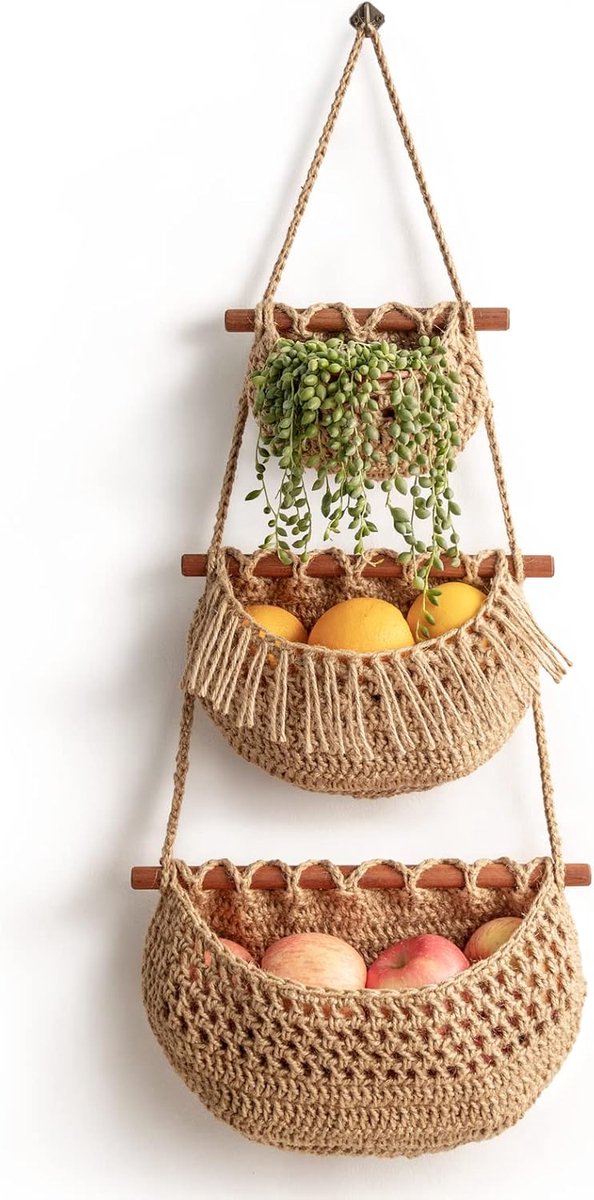 Hängender Obst- Und Gemüsekorb Mit 3 Ebenen – Abnehmbares Wandnetz – Handgewebter Jute-wandkorb – Multifunktionales Hängeregal Für Die Küche – Aufbewahrung Für Obst Und Gemüse – Wohnaccessoire Im Bohè