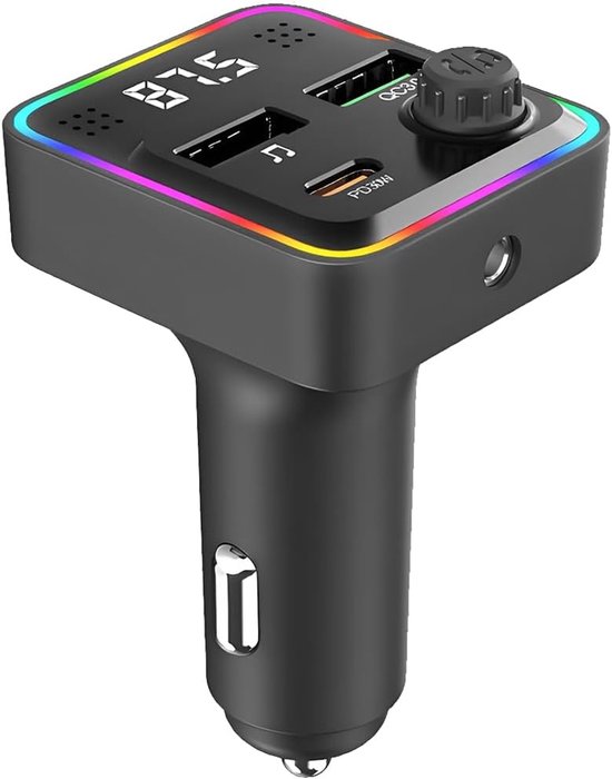 Bluetooth 5.3 Fm-transmitter Mit Kfz-ladegerät，pd30w Usb-c + Qc3.0 Schnellladung，7-farbige Ambientebeleuchtung，zwei Usb-anschlüsse