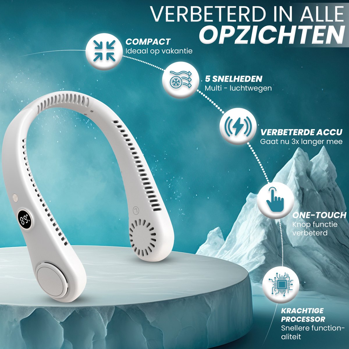 Tragbarer, Klingenloser Nackenventilator Mit Kühlfunktion – Leicht Und Leise – Kabelloser Usb-anschluss Mit Langer Akkulaufzeit – Led-anzeige Und 360°-luftstrom