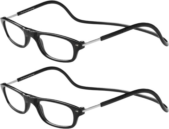 Set: Lesebrille (zweiteilig), Dioptrien +2,00, Schwarzes Gestell Für Damen Und Herren, Mit Magnetverschluss, Faltbar, Verstellbar