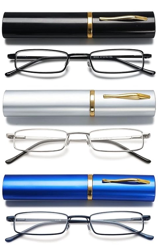 Lesebrille – 3-teiliges Set – Schwarz, Weiß, Blau – 1,0+