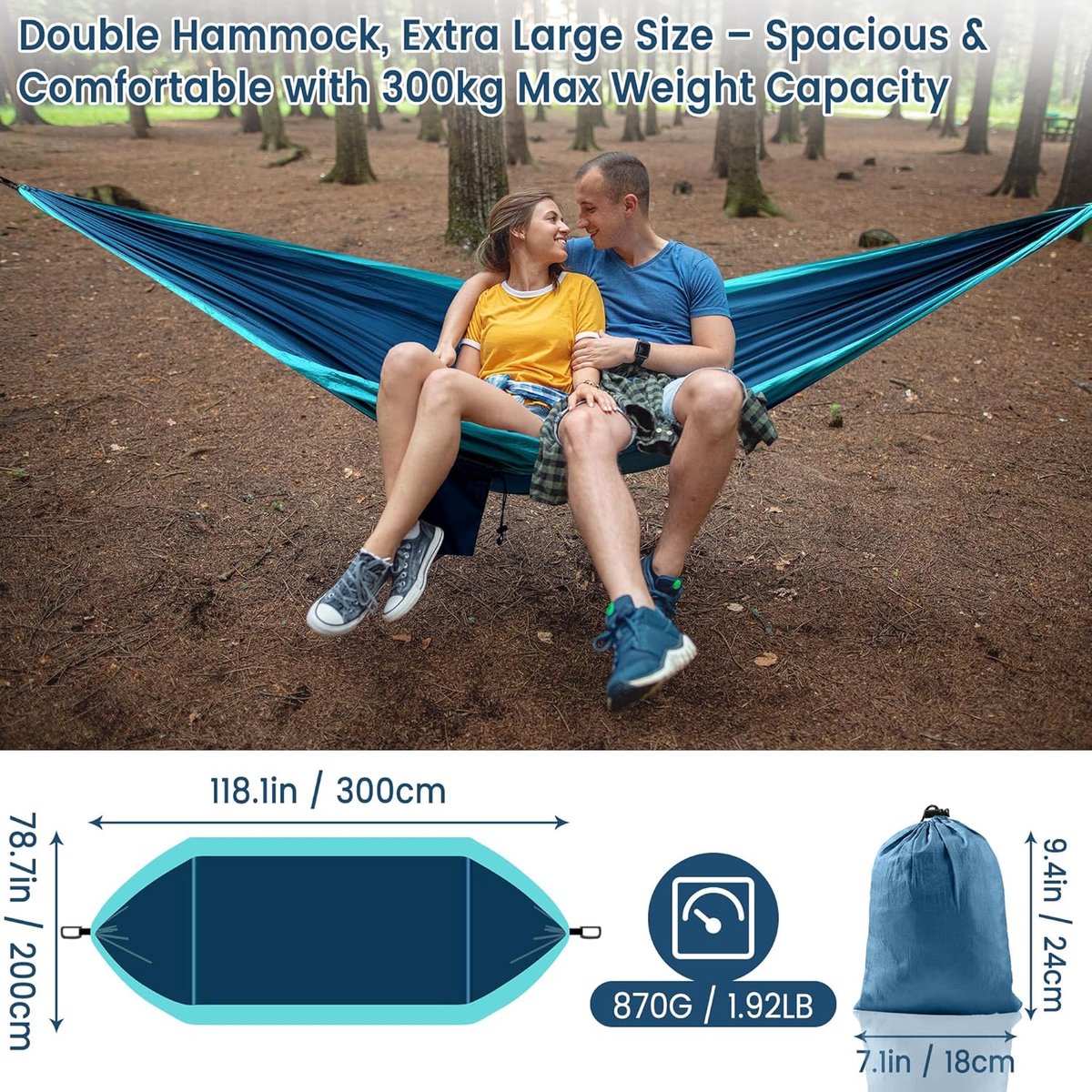 Doppelhängematte – 300 X 200 Cm, Faltbar – Tragkraft 300 Kg – Ultraleicht Und Tragbar – Outdoor-hängematte – Geeignet Für Camping, Garten, Reisen Und Balkon – Xxl-größe – Blau