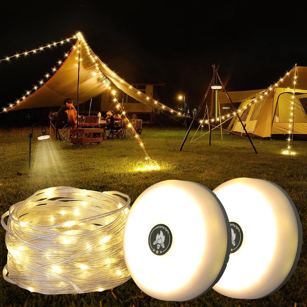 10m Wiederaufladbare Warmeweiße Led Camping Lichterkette, Wasserdichte Außenlampe, Notfallbeleuchtung Für Camping & Stromausfall