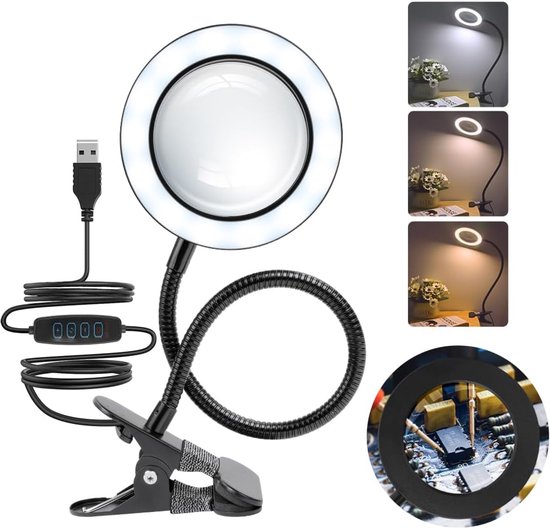 Led-vergrößerungslampe，3-fache Vergrößerung Mit Licht，3 Farben，10 Helligkeitsstufen，360° Verstellbare Tischvergrößerungslampe Mit Klemme