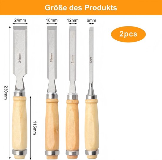 Set Mit 8 Holzmeißeln (6, 12, 18, 24 Mm) – Meißel Mit Holzgriffen Für Profis Und Anfänger – Ideal Für Heimwerkerprojekte