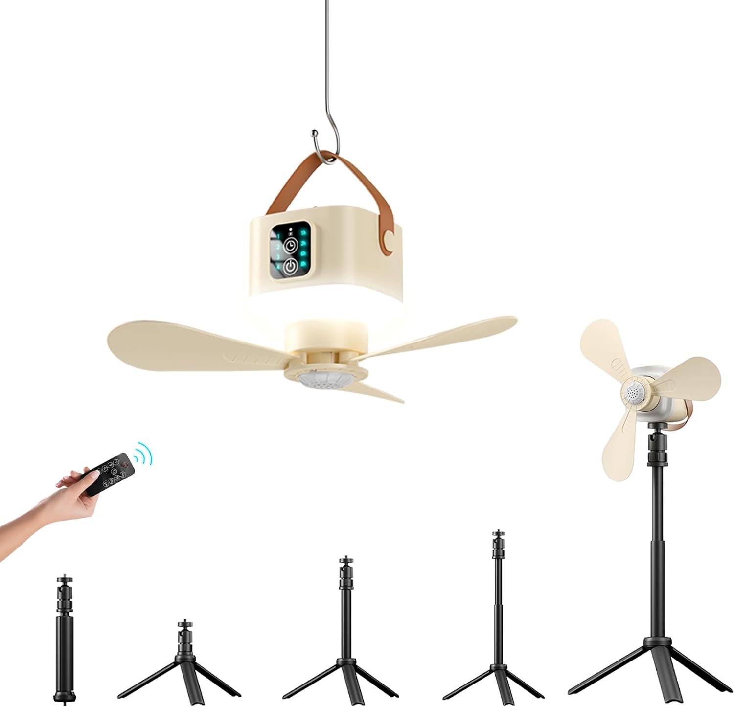 Zelt-deckenventilator, Campingventilator Mit 3600-mah-akku, 2-in-1-design Zum Aufstellen Und Aufhängen Für Camping Und Studentenzimmer – Beige