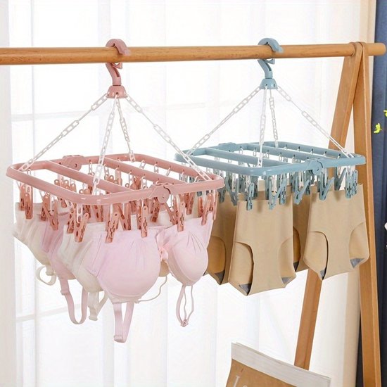 Allecta - Platzsparender Wäscheständer Mit 32 Clips Für Socken Und Unterwäsche - Drehbar Und Zusammenklappbar - Blau.