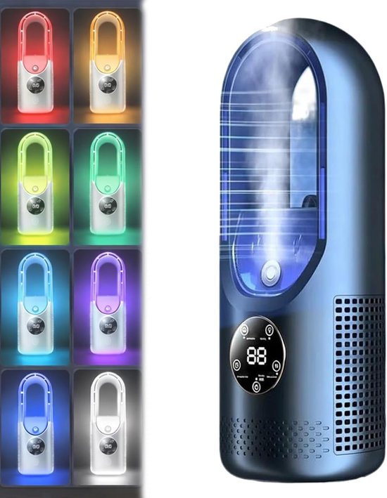 Elektrischer Ventilator Ohne Rotorblätter Mit 6 Geschwindigkeitsstufen，kühlfunktion Und 7-farbiger Led-beleuchtung，kraftvollem Luftstrom (blau)