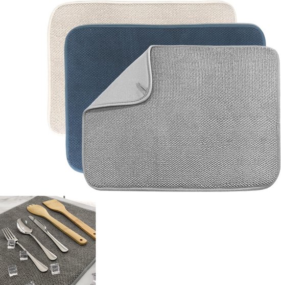 Mikrofaser-spülmatte，auslaufsicher Und Rutschfest，leicht Zu Reinigende Spülmatte，küchenabtropfmatte，3er-set，groß (51 X 38 Cm)，beige/grau/blau