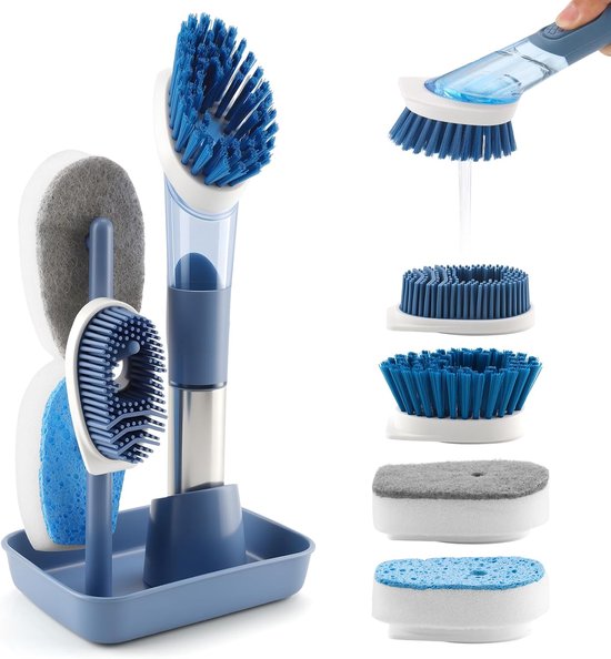 Spülbürste Mit Wasserbehälter，verstellbare Reinigungsbürste，flüssigkeitsspender，set Mit 4 Bürstenköpfen，28,5 Cm Küchenbürste Mit Ständer，blau