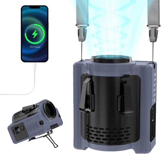 Nackenventilator Mit 5 Geschwindigkeitsstufen，10000 Mah Akku，gürtelventilator Mit Clip，led-beleuchtung，blau