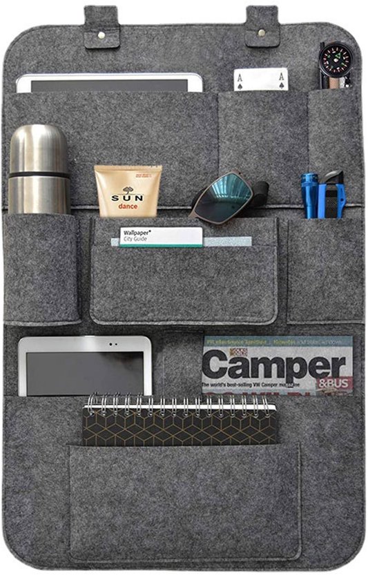 Rücksitzbezug – Autotasche – Filztasche Für Campingzubehör – Mit Mehreren Fächern – 62 X 42 Cm – Dunkelgrau