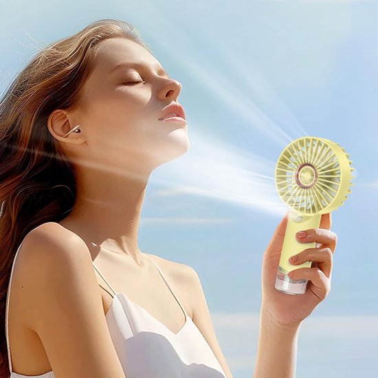 Tragbarer, Wiederaufladbarer Handventilator Mit Sprühnebel, 3 Geschwindigkeitsstufen, Ideal Für Reisen, Strand Und Büro, Gelb